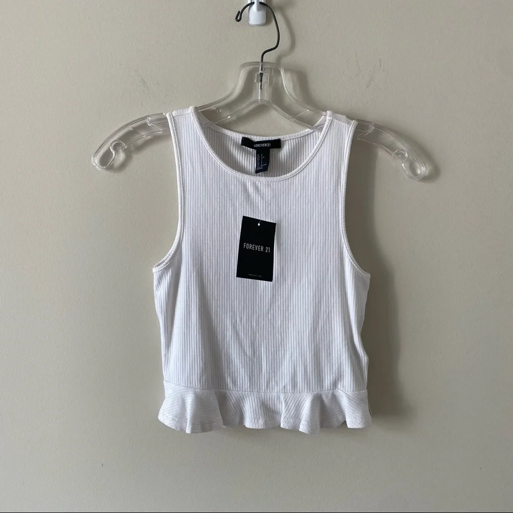 White Ribbed Cropped Tank Top | Ruffles | Forever 21 | Small | NWT - Picture 1 of 7